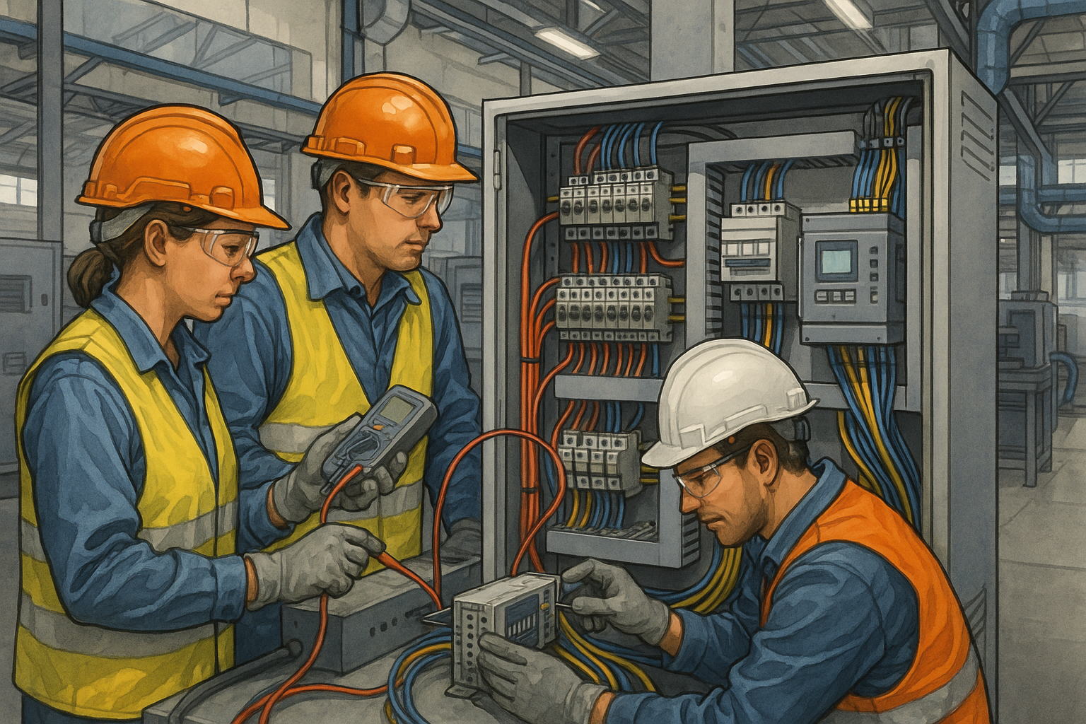 Elektrik mühendisleri fabrika içinde OG AG pano modernizasyonu üzerinde çalışıyor