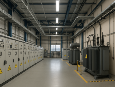 Endüstriyel tesiste OG/AG hücreleri ve trafoyu gösteren modern elektrik odası