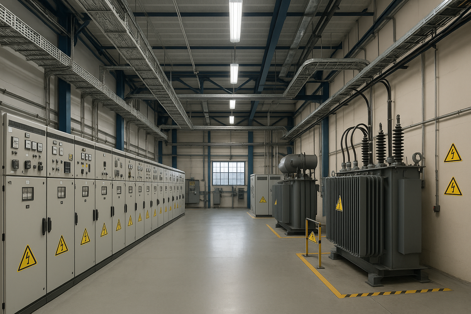 Endüstriyel tesiste OG/AG hücreleri ve trafoyu gösteren modern elektrik odası