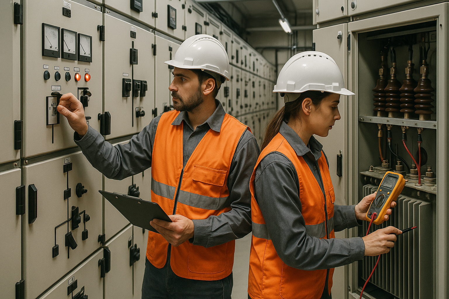 Endüstriyel tesiste elektrik panolarında devreye alma ve test yapan mühendisler