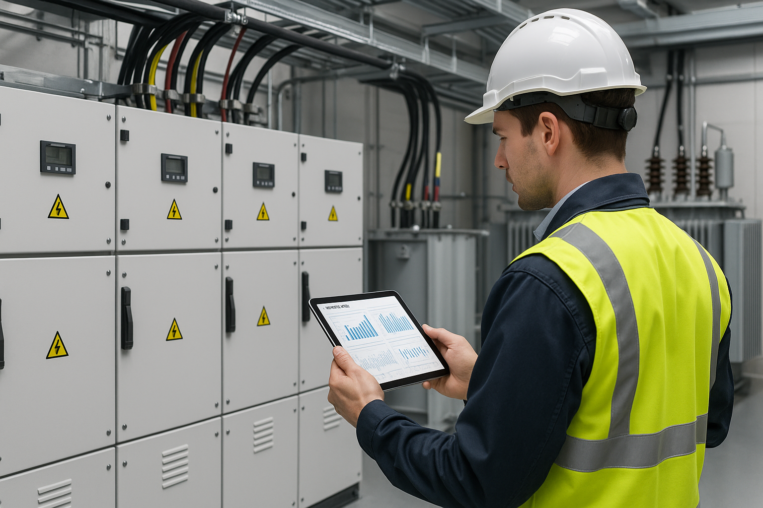 Fabrika elektrik altyapısında enerji kalitesi analizi yapan mühendis