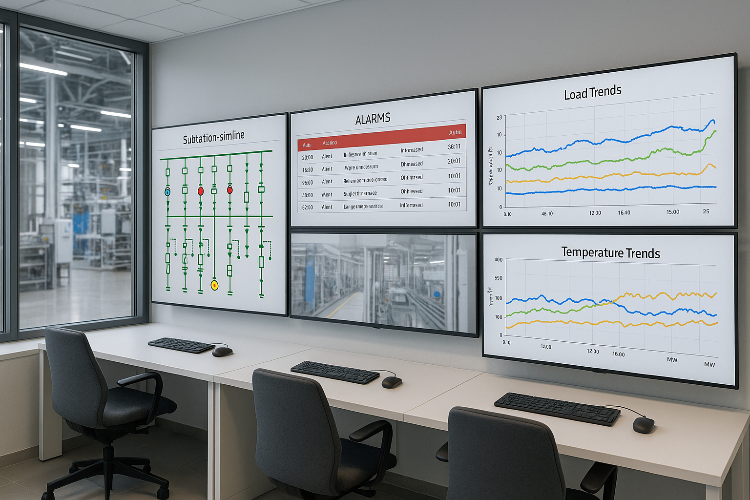 Trafo merkezi SCADA ekranlarında yük, sıcaklık ve alarm trendlerini gösteren dijital kontrol odası
