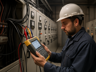 Fabrika elektrik panosunda güç analizörü ile enerji kalitesi ölçümü yapan endüstriyel mühendis